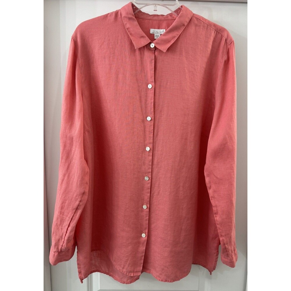 J.Jill Love Linen Essential shirt XL Button Up Collared Blouse Coral Peach Tunic